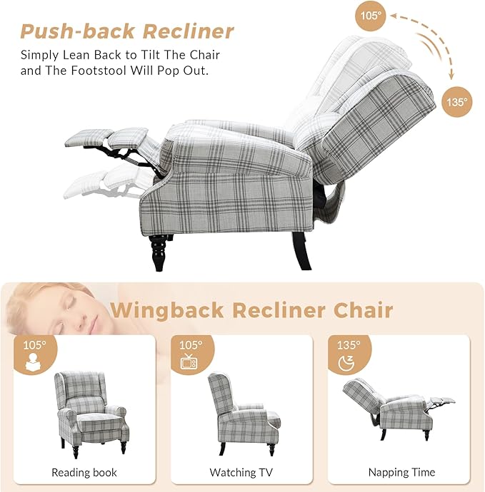 HULALA HOME Upholstered Wingback Recliner Chair Set of 2, Small Adjustable Footrest Push Back Single Reclining Sofa, Mid Century Modern Lounge Armchair for Living Room, Bedroom, Reading/Plaid Grey