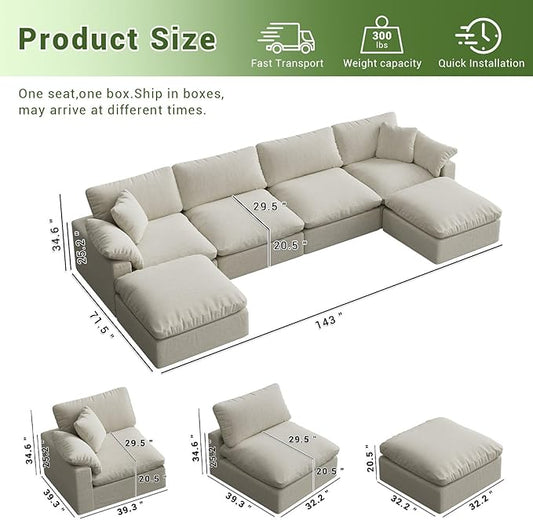 Modular Sectional Sofa,Extra Comfty Deep-Seat-Filled Couch,6 Seat U Shape Sofas with Movable Ottoman, Modern Couches for Living Room, Apartment, Office,Small Space