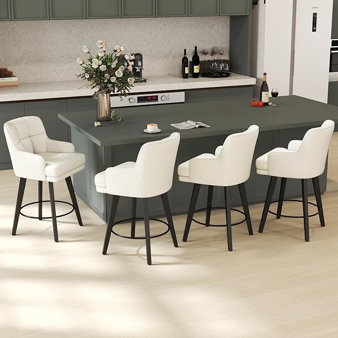 360°Swivel Counter Height Bar Stools with Back, 26 inch Solid Wood Legs, Bar Stool Modern Kitchen Island Chairs, Faux Leather (Beige- Faux Leather, 26" H- Set of 6)