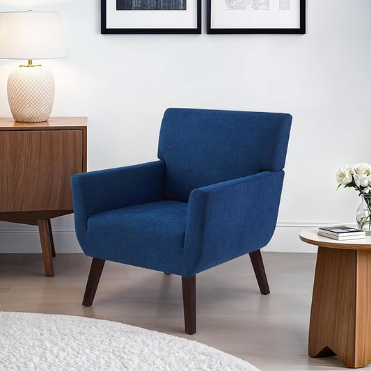 Upholstered Accent Chair,Mid Century Modern Office Fabric Small Living Room Chair with Arm,Comfy Wingback Armchair for Bedroom Reading Dark Blue