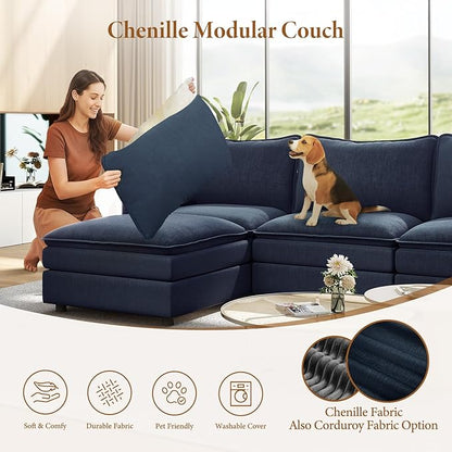 Vesgantti 142" Oversized Sectional Sofa Bed, 8-Seater Modular Sleeper Cloud Couch with Movable Ottoman, Chenille Convertible Sofa Set Deep Seat Couches for Living Room, Bedroom and Apartment, Blue