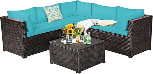 Tangkula 6 Pieces Patio Furniture Set, Outdoor Rattan Sofa Set, Wicker Conversation Set w/Tempered Glass Coffee Table & Cushions, Sectional Sofa Set for Backyard, Garden, Balcony, Poolside