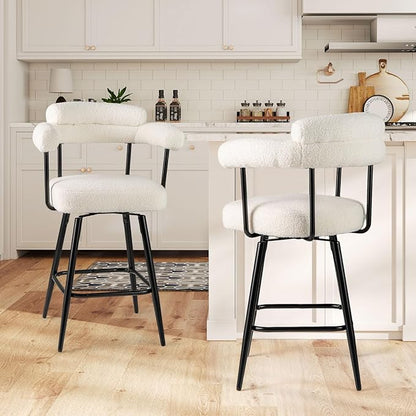 COSTWAY Counter Height Bar Stools Set of 2, 27" Swivel Modern Upholstered Counter Chairs with Boucle Fabric, Curved Backrests & Metal Legs, for Kitchen Island, Home, Pub (2, White + Black)