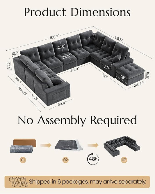 High Back Boneless Couch, Oversized U Shaped Cloud Couch with Versatile 2-Pack Pillow Blankets, Corduroy Modular Sectional Sofa with Ottoman, No Assemble Sectional Couches for Living Room