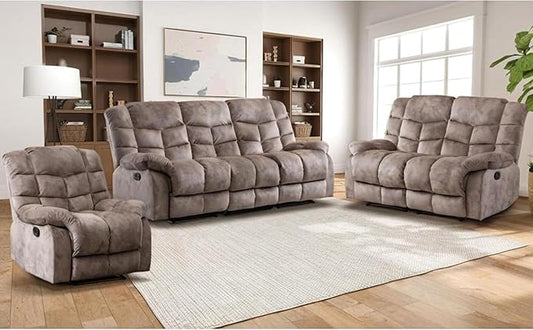 EBELLO Reclining Living Room Set, Includes One Seat Manual Recliner, Loveseat Recliner Sofa and 3PC Bonded Manual Sofa Couch, Brown