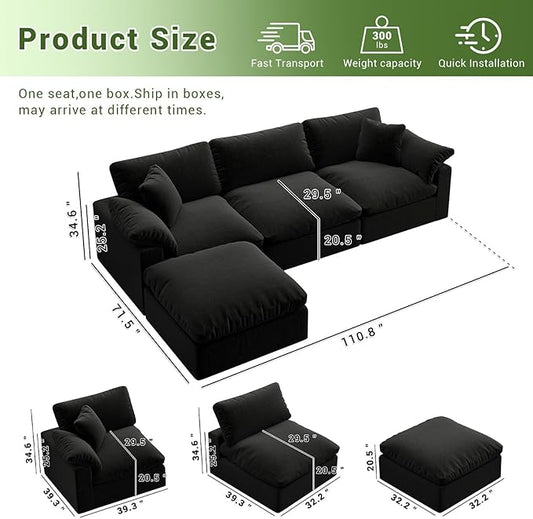 Oversize Cloud Modular Sectional Sofa,110.8" L Shape 3 Seaters with Chaise Down Filled Comfort Sofa Detachable Couch Cushion Covers for Living Room,Black 1