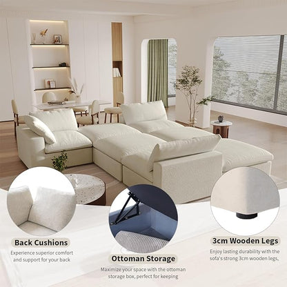 Cloud Couch 120" Sectional Couches for Living Room/Modular Convertible U Shaped Sofa Couch with 2 Storage Ottomans,5 Seater Minimalist Wide Deep Seat Sets (Khaki, 5 Seater)