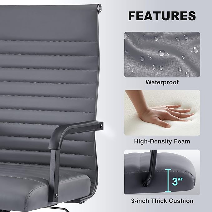 Office Desk Chair, Ergonomic Conference Room Chairs, PU Leather Executive Ribbed Computer Chair, Swivel Rolling Chair for Home Office