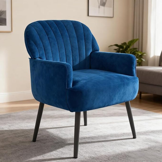 Velvet Accent Chair, Upholstered Modern Leisure Single Sofa Side Living Room Chair, Comfy Tufted Back Armchair with Metal Legs for Waiting Room/Bedroom/Office/Reading Room, Blue