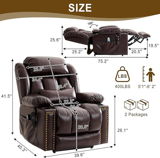 Dual Motor Large Power Lift Recliner Chair for Elderly with Heat and Massage,Lay Flat Lift Chairs Recliners for Seniors Infinite Position,USB Ports&Remote, Leather (Brown, Large)