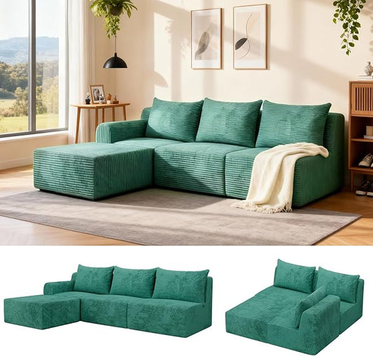 JSLOVE Modular L-Shape Sectional Sofa with Chaise, 3 Seat Movable Boneless Cloud Couch in One Box, Sofa Couch Bed with Ultra-Soft Corduroy Fabric, No Assembly Required for Living Room, Bedroom(Green)