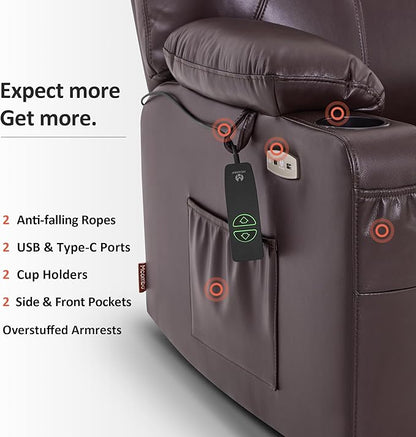 MCombo Extra Wide Power Lift Recliner Chair for Elderly, Lift Chair with Heat and Massage for Big People, USB&Type C Ports, Cup Holders, Faux Leather R7045 (Dark Brown, Medium-Wide)