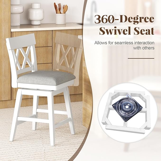 COSTWAY Bar Stool Set of 2 for Kitchen Island, 26" Counter Height Chair with Ergonomic Backrest, Foot Rest, Padded Seat & Solid Wood Structure, 360°Swivel Farmhouse Barstool with Back