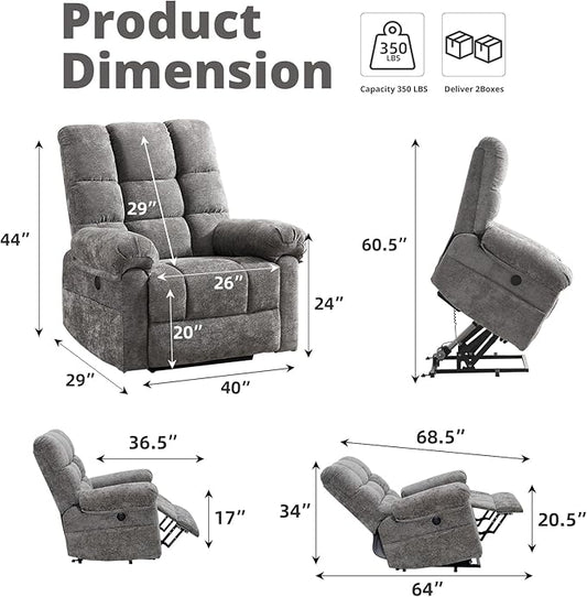 Oversized Power Lift Recliner Chair for Elderly, Electric Lift Chair with Masssage and Heat, Overstuffed Power Recliner for Adults, 3 Positions,USB Ports, Side Pockets,Grey