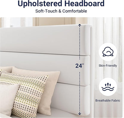 Allewie Twin Size Platform Bed Frame with Velvet Upholstered Headboard and Wooden Slats Support, Fully Upholstered Mattress Foundation/No Box Spring Needed/Easy Assembly, White