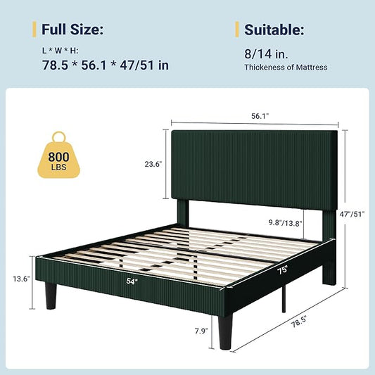 Allewie Full Size Upholstered Bed Frame with Vertical Channel Tufted Headboard, Soft Corduroy Fabric Platform Bed, Strong Wooden Slats Support, Easy Assembly, No Box Spring Needed, Dark Green