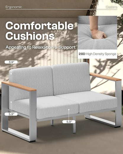 Aluminum Outdoor Furniture Set, 4 Seats Outdoor Patio Conversation Sets with Ergonomic Seat and Wide Washable Thick Cushions, Modern Patio Sectional Furniture for Balcony, Porch (Teak-Gray)