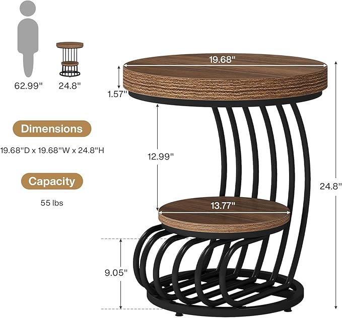 Tribesigns Round End Table Set of 2, 2-Tier Farmhose Wood Side Table with Shelf Storage, Small Sofa Side Bedside Nightstand, Accent Furniture for Living Room, Light Brown