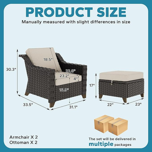 4 Pieces Patio Conversation Furniture Set - 2 Chairs with Ottomans Set of 2, Outdoor Wicker Armchairs with Water-Resistant and Washable Cushions for Porch, Balcony, Sunroom (Beige)