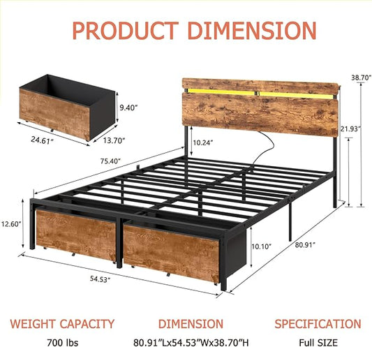 Forestell Full Size Bed Frame with Wood Headboard, Metal Platform Bed with 2 Storage Drawers & Shelf, Built in Charging Station & LED Lights, No Box Spring Needed, Vintage Brown, Camas Full