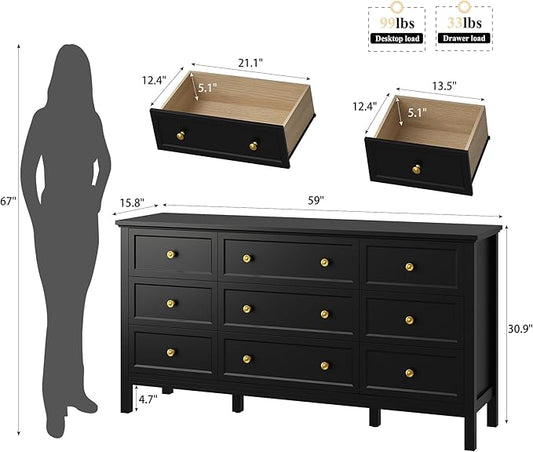 LYNSOM Black Dresser for Bedroom with 9 Drawers, Modern Wide Chest of Storage Drawer with Gold Handles, TV Stand Dresser, Wood Dressers for Bedroom, Living Room, Hallway, Entryway, 59’’