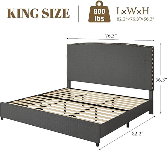 King Size Bed Frame and Headboard, 56" Upholstered Platform Bed with Nailhead Trim, Soft Boucle Fabric, No Box Spring Needed, Easy Assembly, Grey