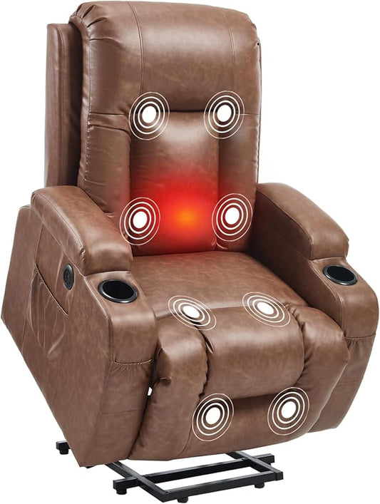 PELUMY Manual Lift Recliner Chair for Elderly with Massage & Heat, Oversized Heavy Duty 350 lbs Recliner with Cup Holders & USB Ports, Infinite Positioning Lift Chair (Breathable Leather, Brown)