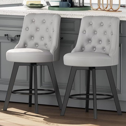 MINCETA Set of 2 Upholstered Bar Stools - 26 Inch Swivel Counter Height Stools with Low Tufted Back, Footrest & Performance Fabric - Round Seat for Kitchen Island & Home Bar Light Gray