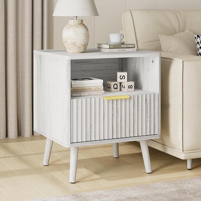 LYNSOM Fluted Dresser and Nightstand Sets 2 Piece, 1-Drawer Nightstands and 5-Drawers Dresser, Wood Bedroom Furniture Set for Home, Bedroom, Hallway, White