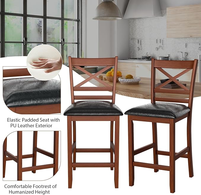 COSTWAY Barstools Set of 2, 25” Counter Height Mid Century Modern Island Chairs with Back, Soft Cushion & Faux Leather Seat, Wooden Armless Kitchen Stools for Home, Cafe Shop, Restaurant, Pub