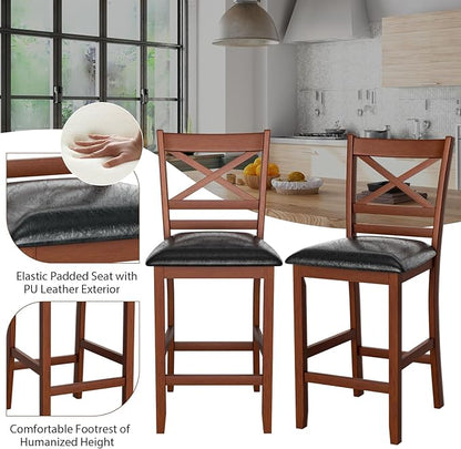 COSTWAY Barstools Set of 2, 25” Counter Height Mid Century Modern Island Chairs with Back, Soft Cushion & Faux Leather Seat, Wooden Armless Kitchen Stools for Home, Cafe Shop, Restaurant, Pub