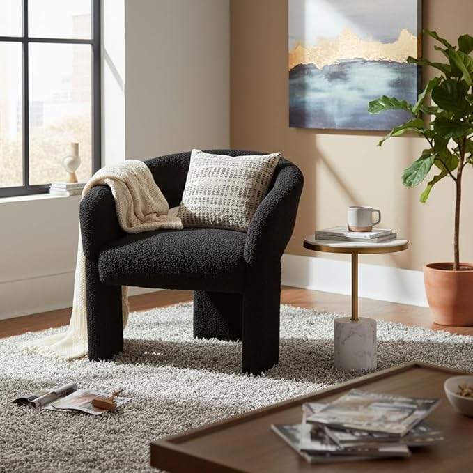 LukeAlon Modern Sherpa Accent Chair Barrel Back Armchair, Upholstered Lounge Chair for Living Room, Bedroom, Office, Waiting Rooms, Black
