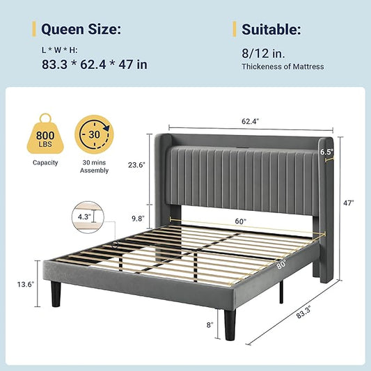 Allewie Queen Size Platform Bed Frame with USB Charging Station and Storage Shelf/Upholstered Velvet Wingback Headboard/Wooden Slats Support/No Box Spring Needed/Easy Assembly, Grey