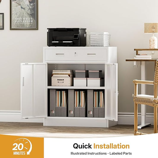 Metal Storage Cabinets with Drawer, 36”H Lockable Storage Cabinet with Doors and Adjustable Shelves, Small White Steel File Cabinet for Home, Office, Warehouse, School, Assembly Required