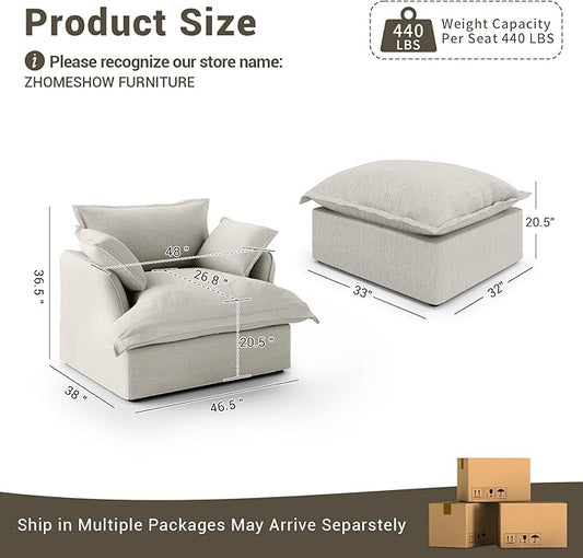 48” Oversized Chaise Lounge Chair, Modular Sectional Sofa, Down Fill Cloud Couch with Washable Cover, Single Seater with Ottoman, Sectional Couches for Living Room Apartments, Light Gray
