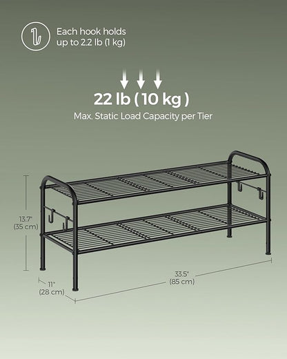 SONGMICS Shoe Rack, 2-Tier Shoe Organizer, Metal Shoe Shelf Storage with 4 Side Hooks, Holds 10 Pairs of Shoes, Height-Adjustable Shoe Rack for Entryway, Hallway, Closet, Easy Assembly, Ink Black