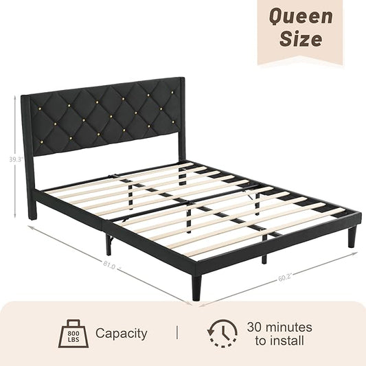 Queen Size Platform Bed Frame with Velvet Upholstered Headboard and Sturdy Wooden Slats Support,Mattress Foundation，Easy Assembly, No Box Spring Needed,Slip Resistant (Black, Queen)