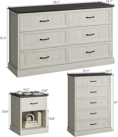 CARPETNAL Farmhouse Dresser and Nightstand Sets for Bedroom, 4 Pcs Bedroom Set, 5 Drawer & 6 Drawer Dresser and Nightstand Set of 2, Wood Chest of Drawers for Living Room, Entryway, White