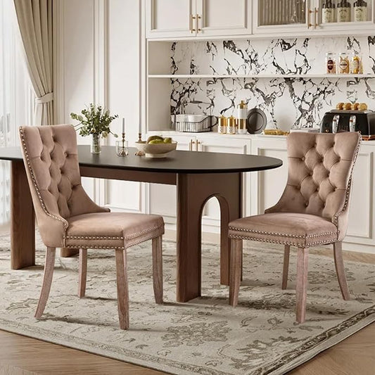 Velvet Upholstered Dining Chairs Set of 2, Modern Style Kitchen Side Chairs with Nailhead Trim and Wood Legs,Metal Pulling Ring for Dining Room Living Room(Khaki)