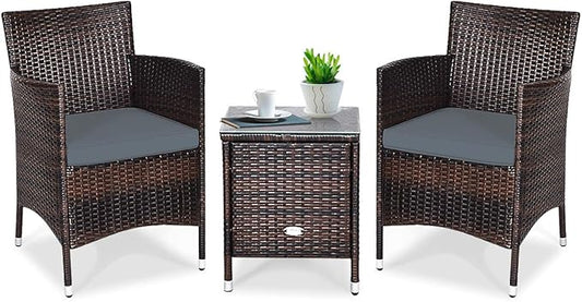 COSTWAY 3 PCS Patio Furniture Set, Outdoor Wicker Conversation Set with Tempered Glass Coffee Table, Seat Cushions, Rattan Wicker Chairs for Poolside Balcony Porch Backyard, Gray