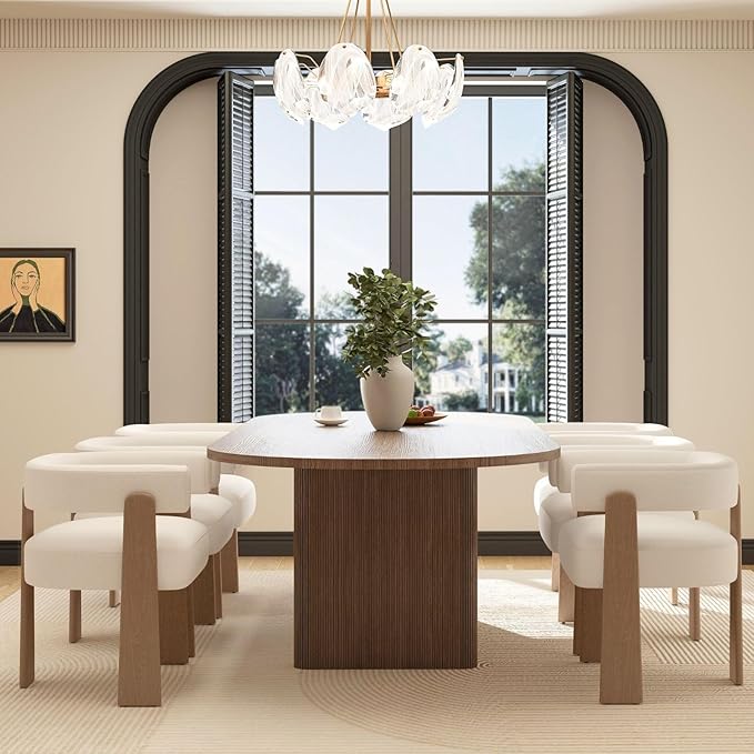 Upholstered White Velvet Dining Chairs Set of 6, Boho Modern Barrel Accent Armchairs, Thick Padded Seat & Natural Wooden Legs, Mid Century Inspired Kitchen/Dining Room Chairs, Creamy White