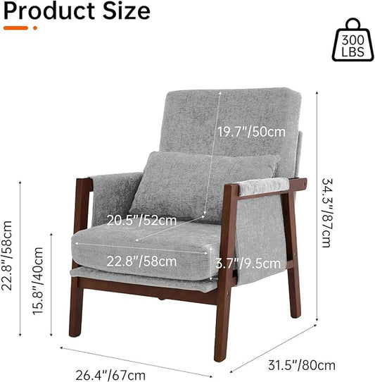 Accent Chair Mid-Century Modern with Lumbar Support Pillow, Upholstered Living Room Chairs with Wooden, Chenille Armchair with Cushion, Anthropologie Side Chair for Bedroom, Light Grey
