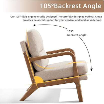 Mid Century Modern Accent Chair Set of 2, Linen Fabric Upholstered Lounge Arm Chair with Solid Wood Frame and Soft Cushion for Living Room, Bedroom, Balcony (1, Beige)