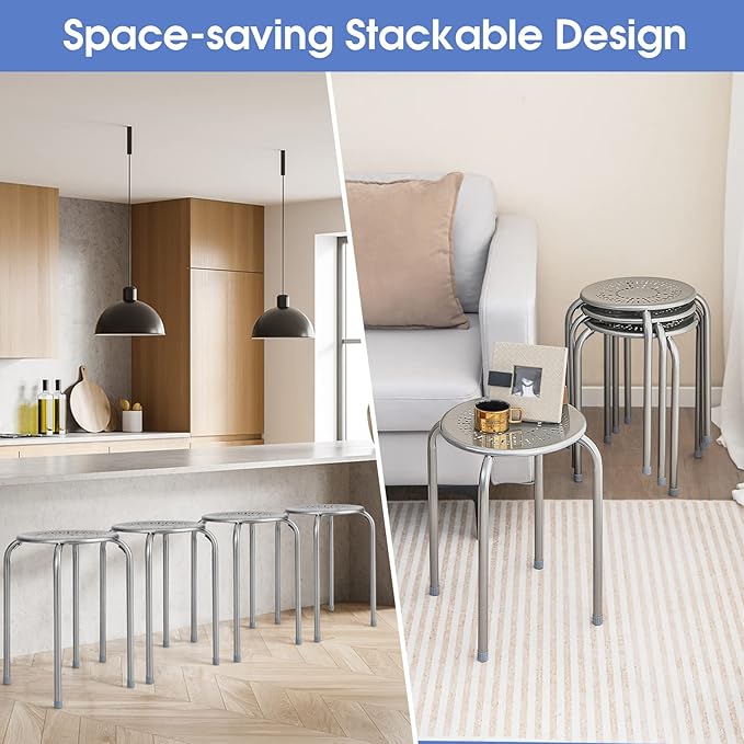 COSTWAY 6-Pack Steel Stack Stools, 17.5-Inch Height Portable Stackable Backless School Stools with Daisy Design, Round Classroom Decoration Stools Set of 6 for Kids Children Students, Grey