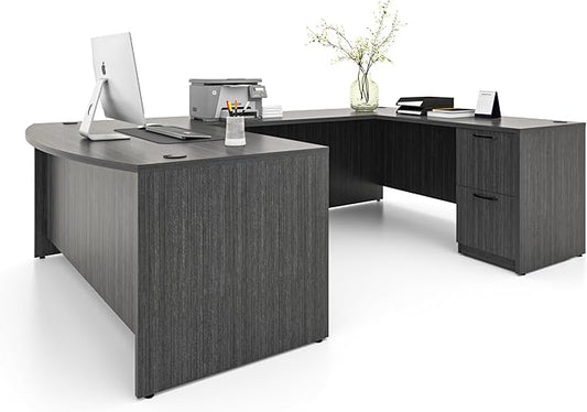 67'' U Shaped Bow Front Executive Desk with 2 Storage File Cabinets