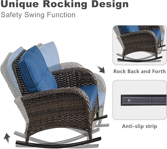 HUMMUH 7-Piece Outdoor Patio Furniture with Fire Pit Set,Wicker Patio Sofa Set Outdoor Rocking Chairs with Ottomans for Backyard,Poolside,Deck