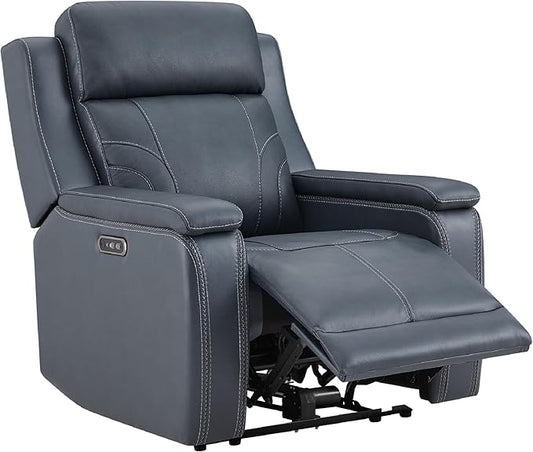 Watson & Whitely Genuine Leather Electric Recliner Chairs for Adults, Lay Flat Recliner with Power Headrest & Chargers for Living Room, Navy