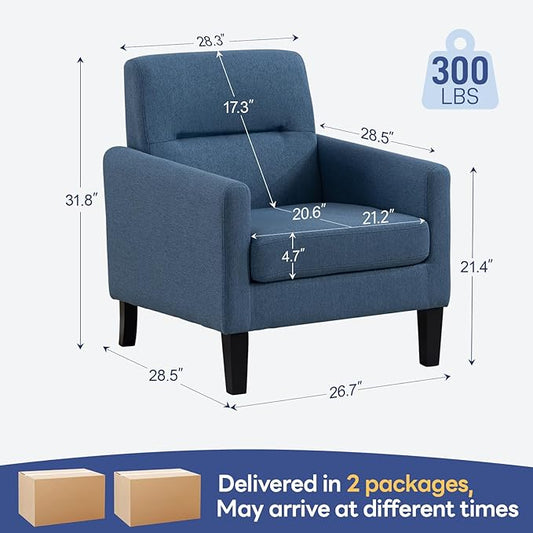 Accent Chairs Set of 2, Mid Century Modern Living Room Chairs Comfy Reading Chair with Upholstered Cushion Relax Armchair for Bedroom Apartment,Office, Blue