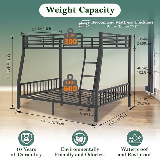 Bunk Bed Full XL Over Queen, Heavy Duty Metal Bunk Bed Frame, Queen bunk Bed with Guardrail Heavy Duty Bunk Bed Frame for Adults - Teens Dorm Bedroom Guest Room（Black）