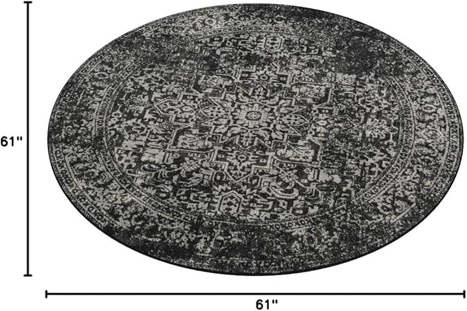 SAFAVIEH Evoke Collection Area Rug - 5'3" Round, Black & Grey, Distressed Design, Non-Shedding & Easy to Clean, Ideal for Living Room, Bedroom, Dining Space (EVK256R)